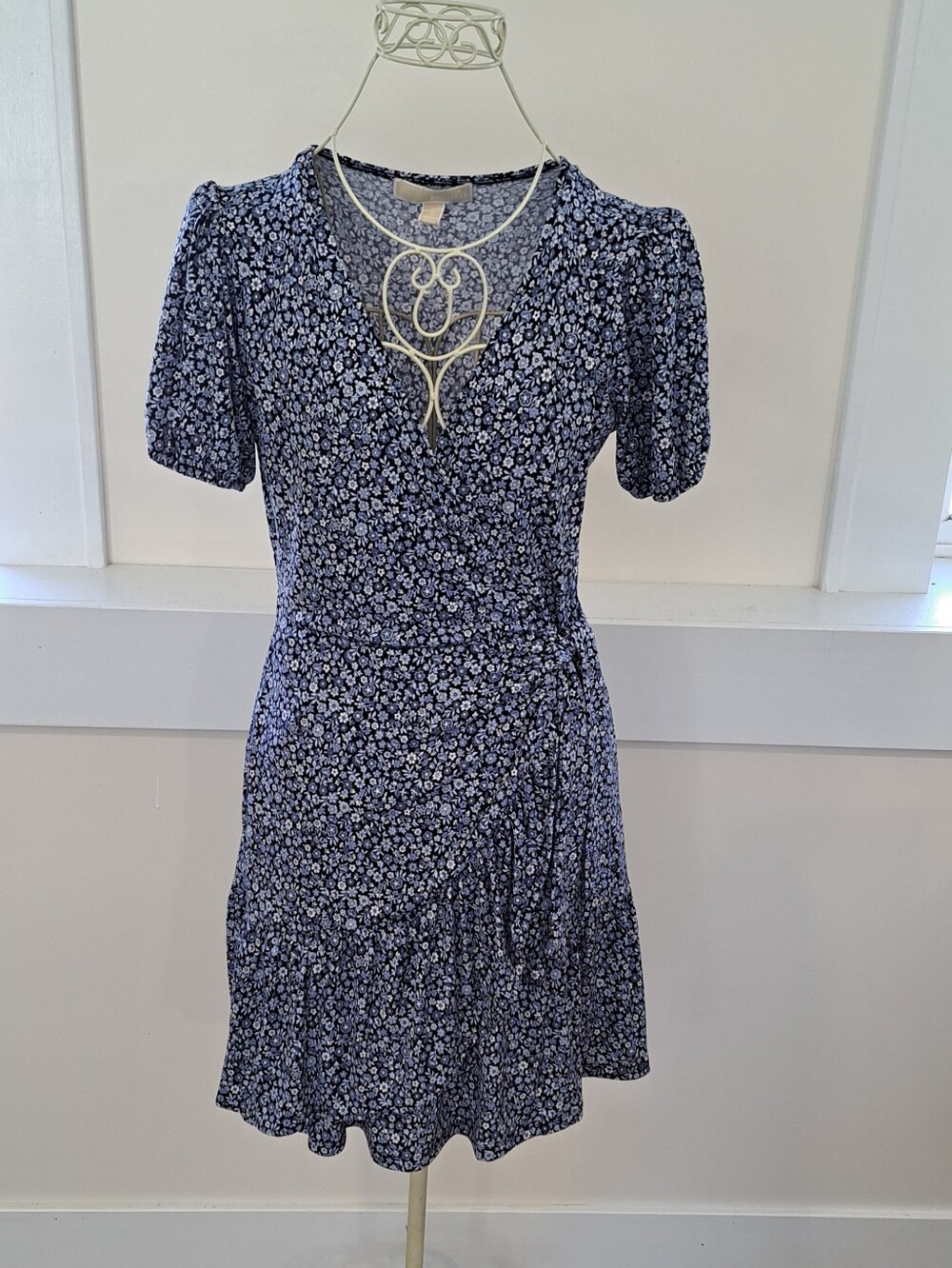 Michael Kors Cottagecore Coquette Blue Floral Wrap Ruffle Coastal Beach Dress S.